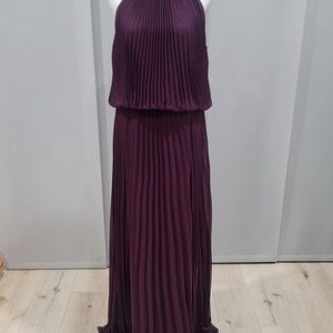 Xscape Pleated Halter Maxi Dress in Plum